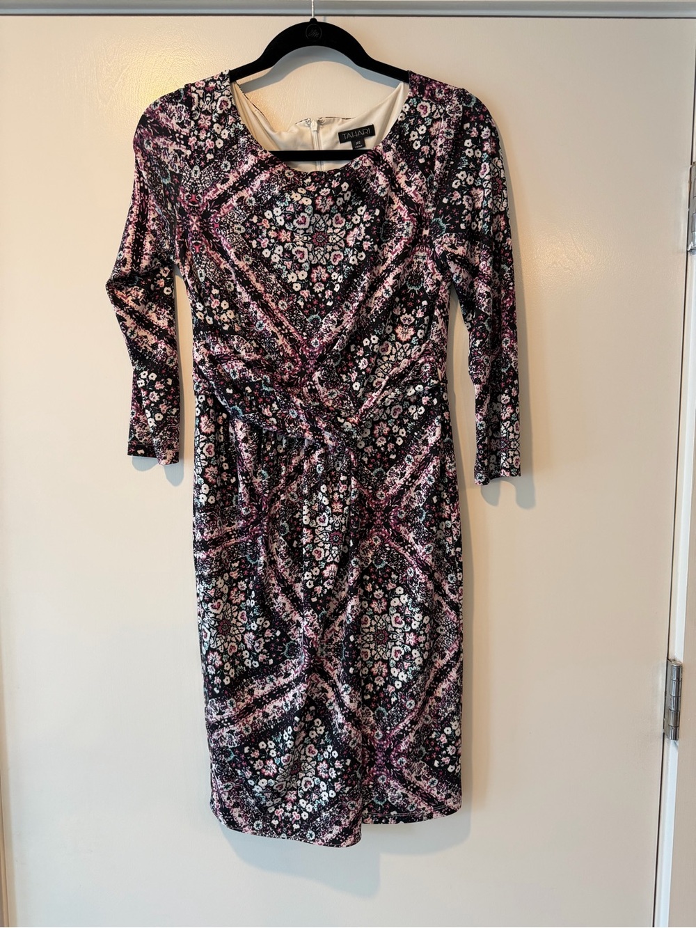 Tahari Black and Pink Patterned 3/4 Sleeve Sheath Dress